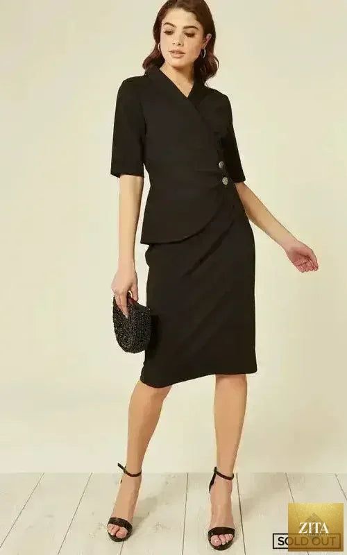 Black Femstylo Diane Wrap Blazer Dress, stylish jacket and coat, shown on a model with a tailored fit and classic design.
