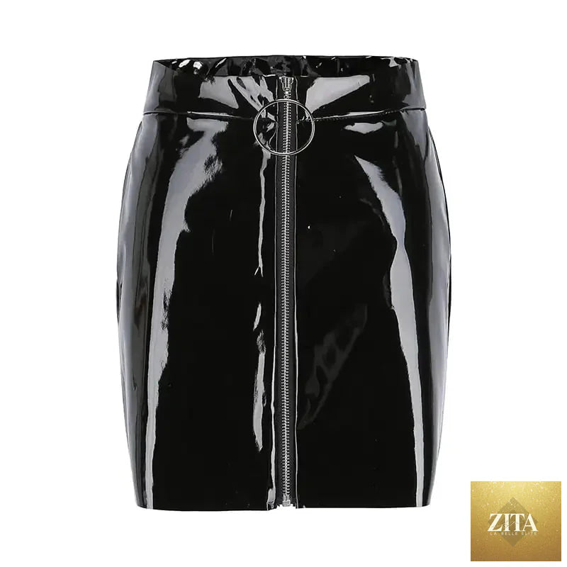 Slim Bright Leather PU Zipper Short Skirt for women, featuring a sleek design with a front zipper detail.