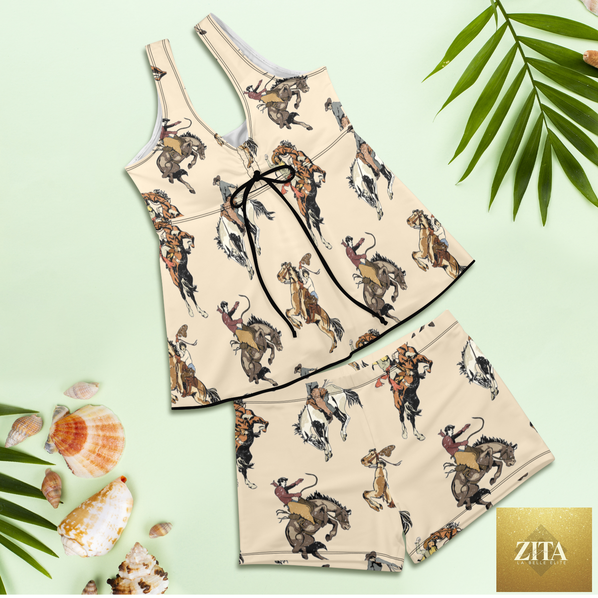 Vintage cowgirl-themed tankini and boy shorts swim set by Baha Ranch Western Wear, featuring Western-style print and comfortable fit.