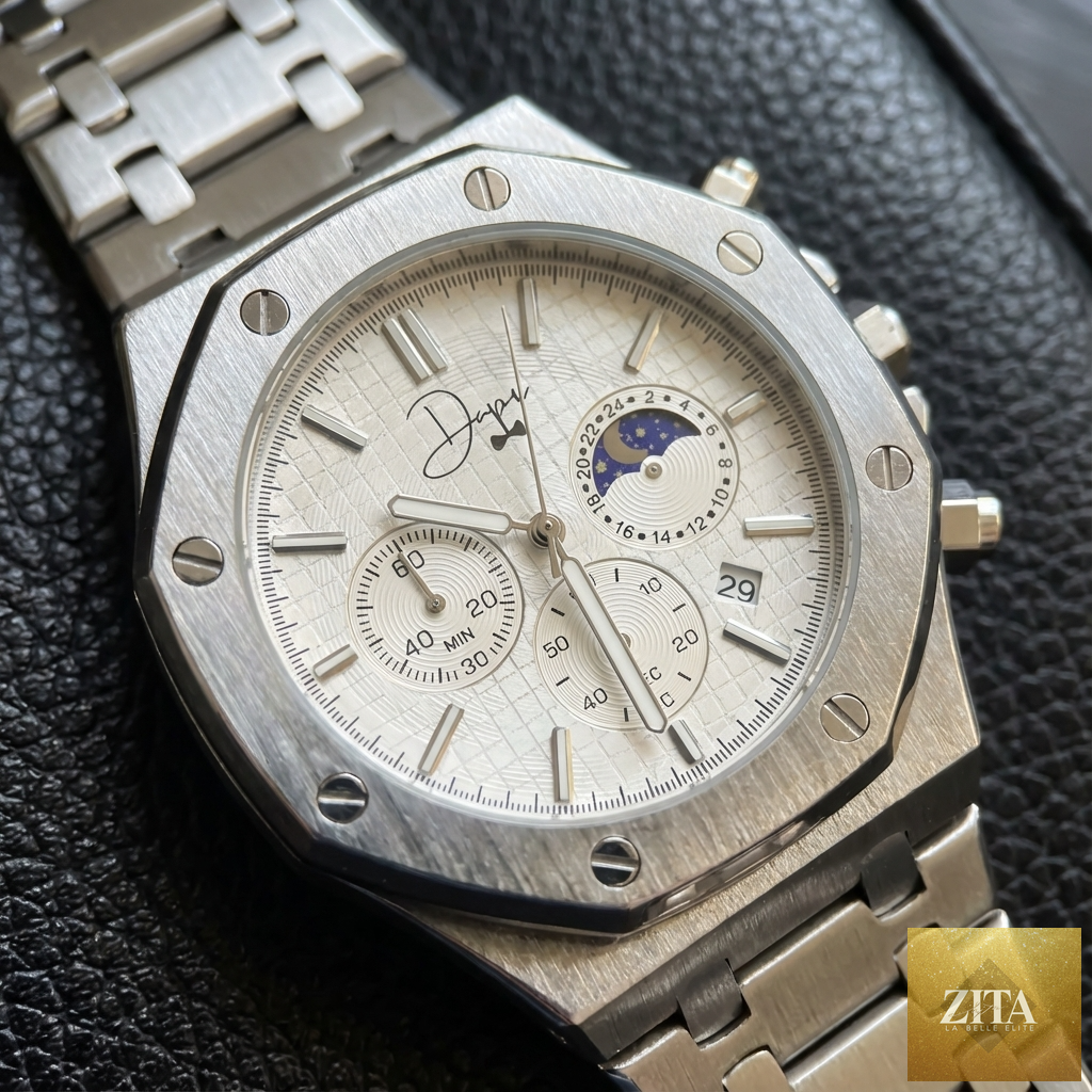 Silver stainless steel Dapper Watches chronograph watch with white dial and metal band, featuring detailed watch face and sleek design.