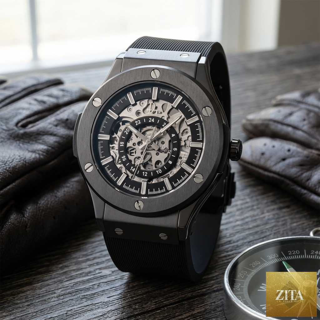Dapper Watches stainless steel skeleton men's watch with gunmetal finish, featuring an intricate open dial design.