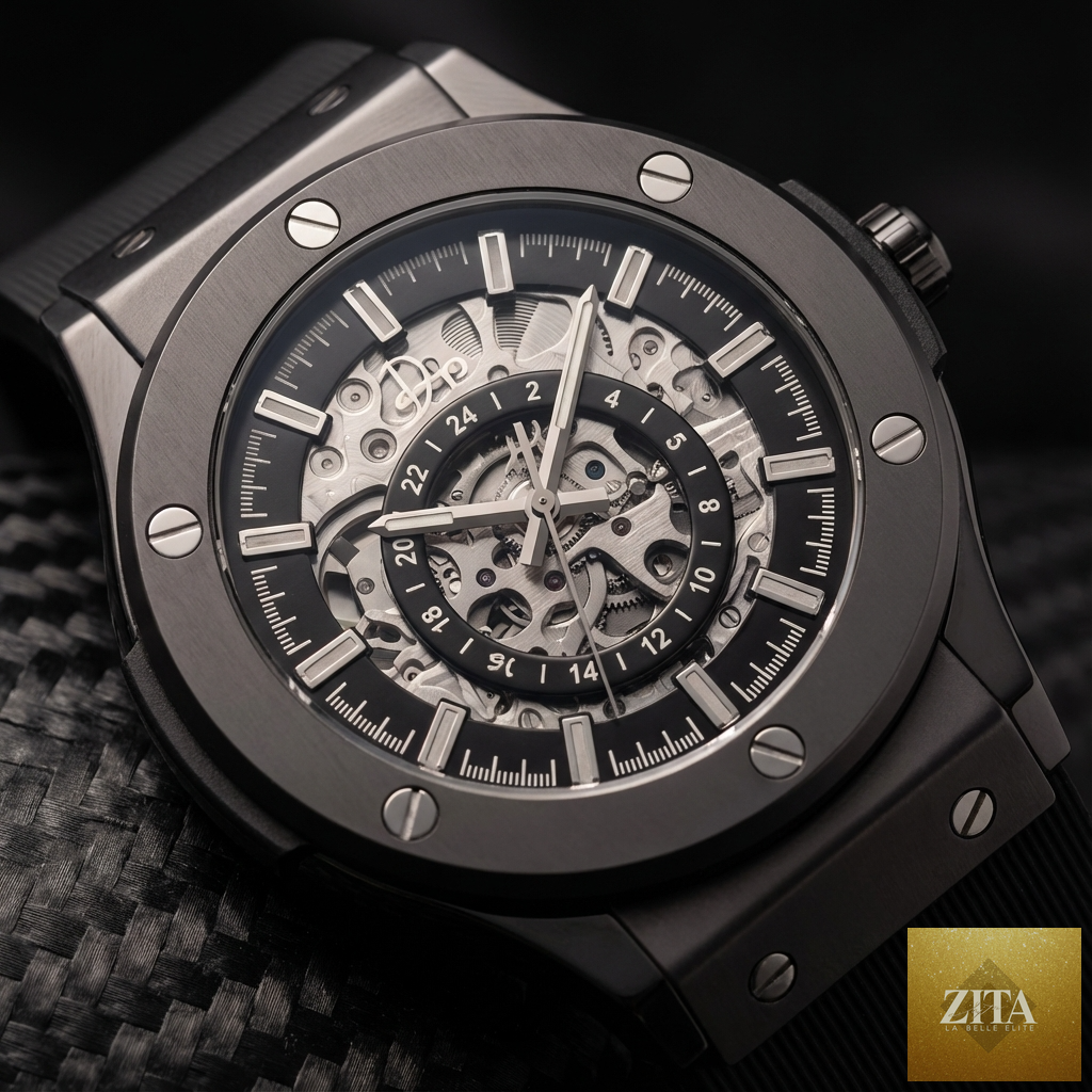 Dapper Watches stainless steel skeleton men's watch in gunmetal finish with visible inner gears and sleek design.