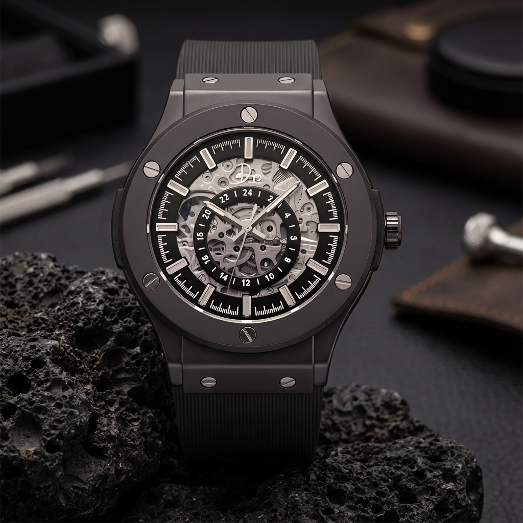 Dapper Watches men's stainless steel skeleton watch with gunmetal finish, showcasing intricate internal mechanics and modern design.