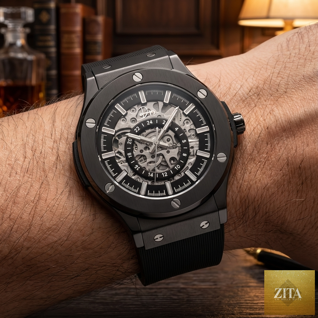 Dapper Watches men's stainless steel skeleton watch with gunmetal finish, featuring an intricate skeleton dial and metal bracelet.