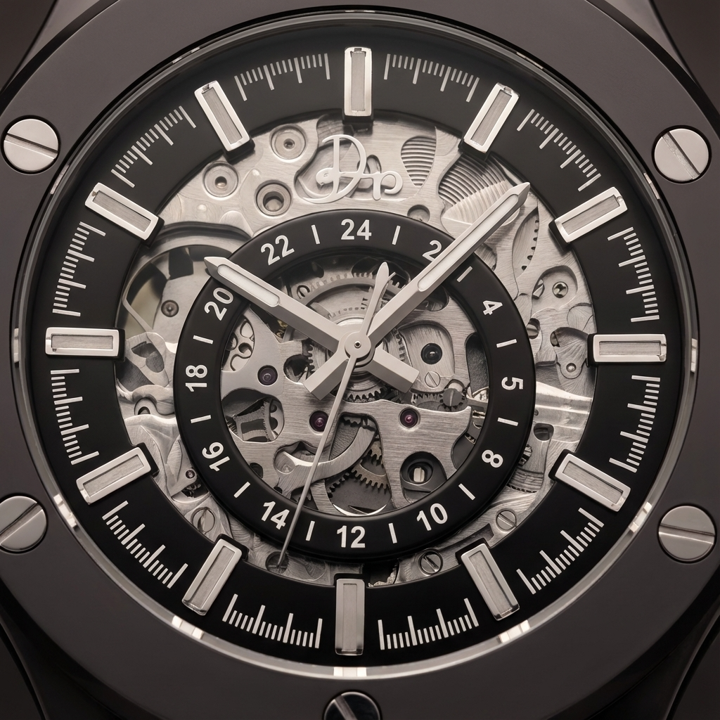 Dapper Watches 199 Gunmetal stainless steel skeleton men's watch with visible inner mechanics and sleek design.
