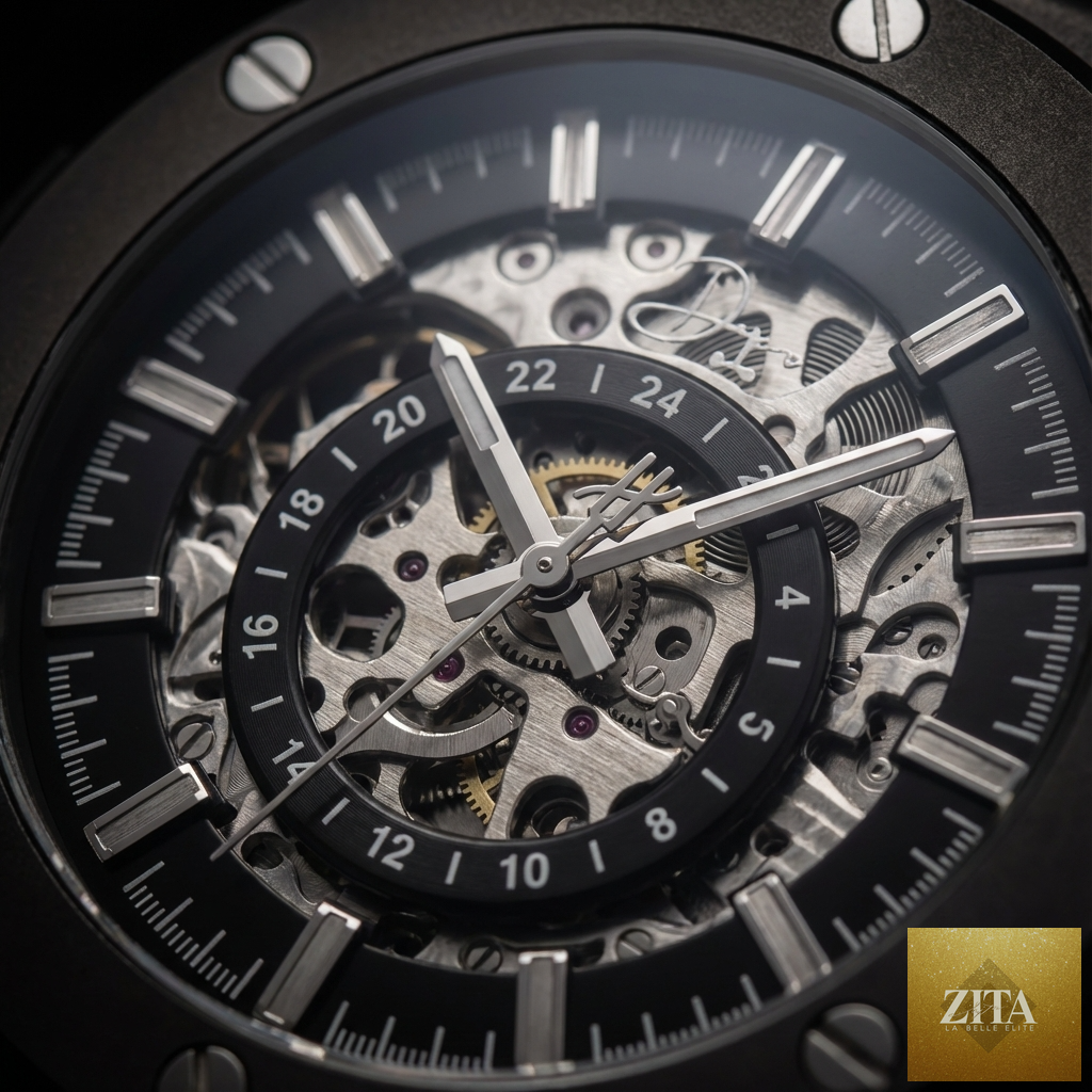 Dapper Watches stainless steel skeleton men's watch in gunmetal finish with visible internal gears and modern design.