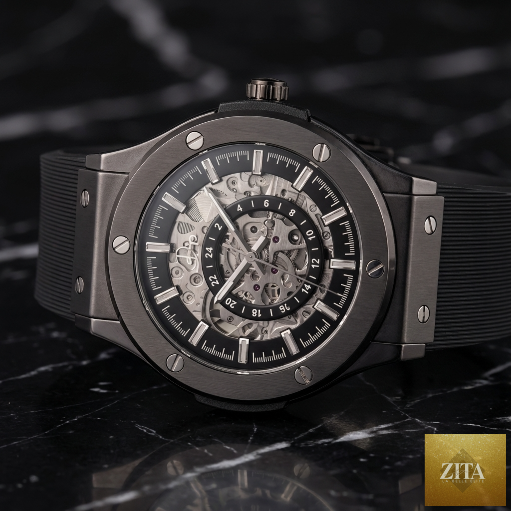 Dapper Watches stainless steel skeleton men's watch with gunmetal finish, showcasing intricate internal gears and a modern design.