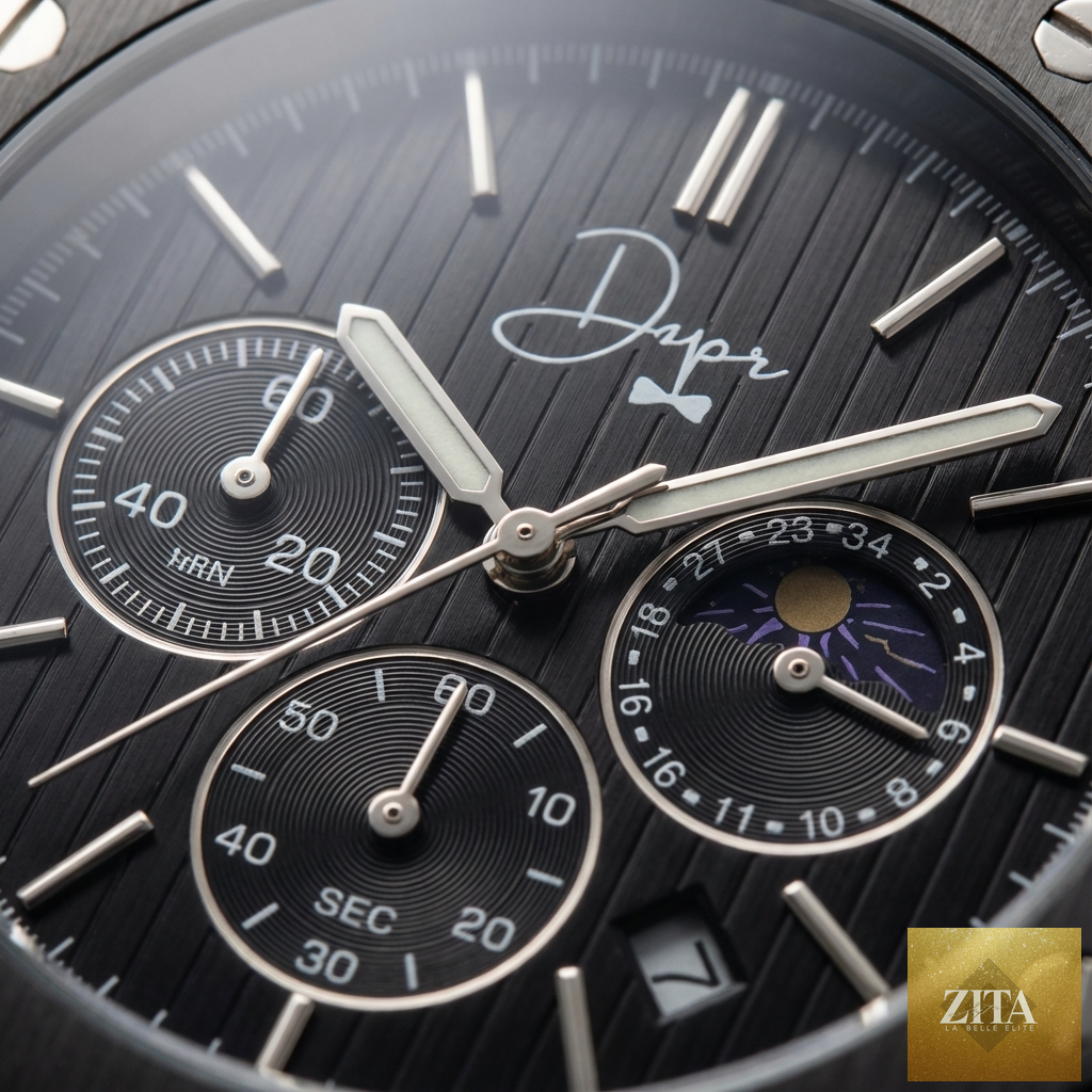 Black stainless steel Dapper Watches ChronoLunar all-black watch with chronograph features and sleek design.