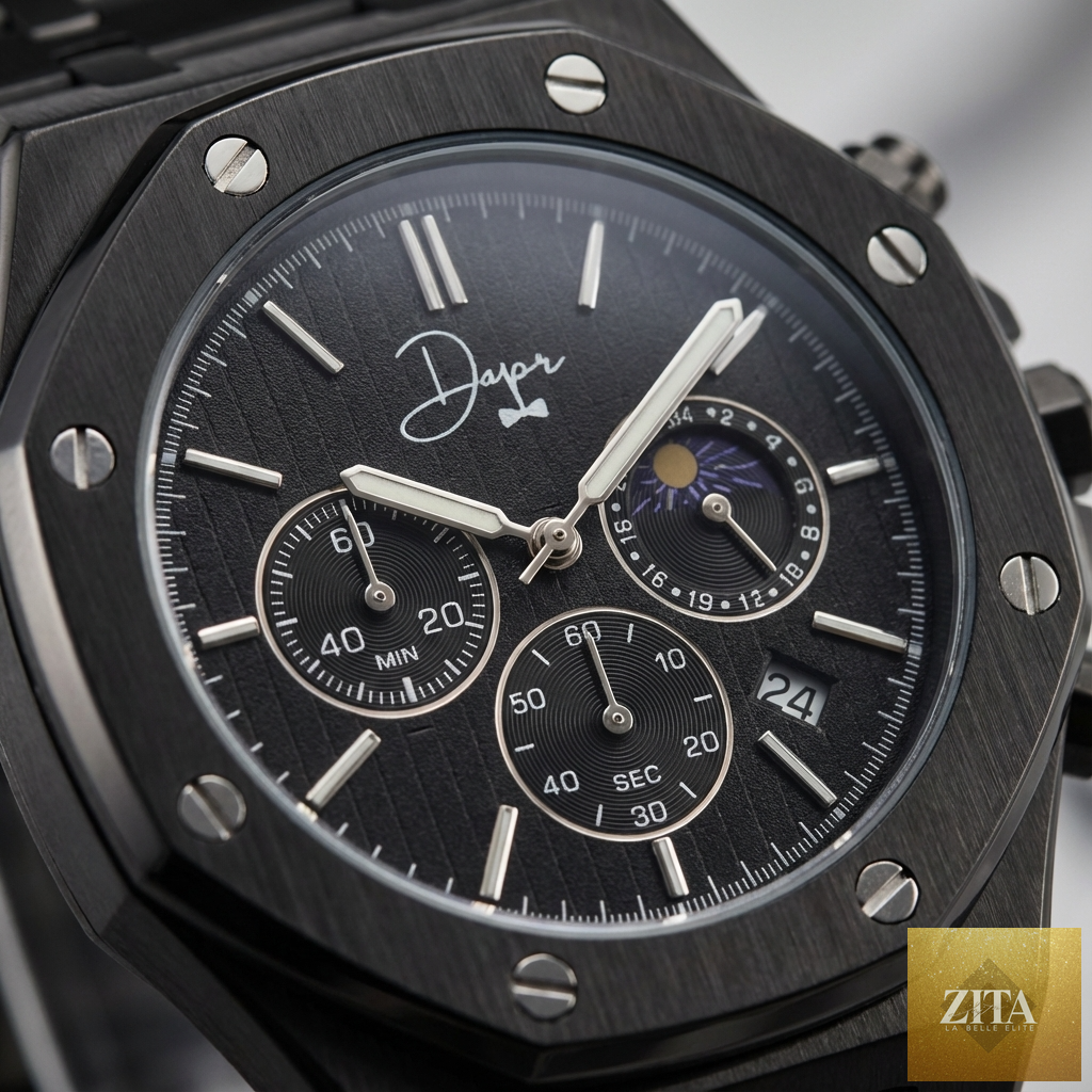 Black stainless steel Dapper Watches ChronoLunar All Black watch featuring a sleek design and chronograph dial.