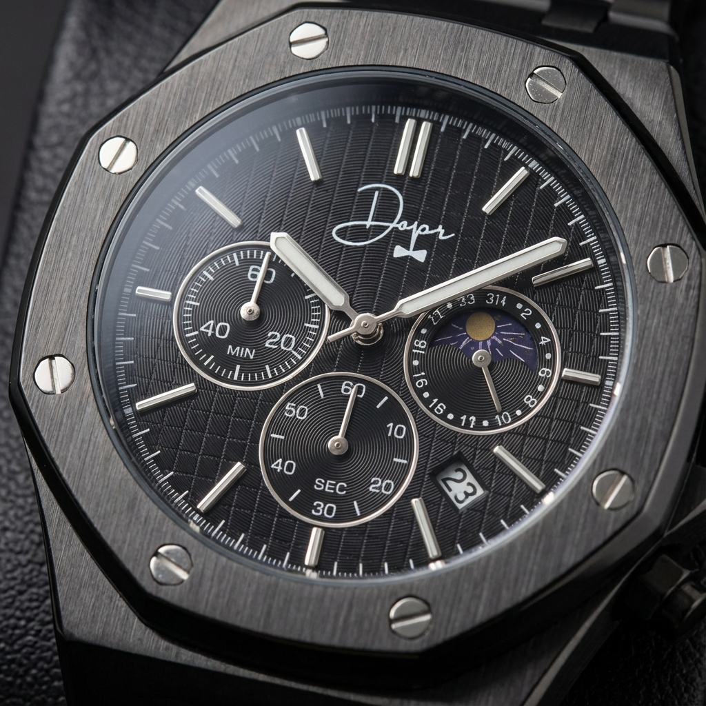 Black stainless steel Dapper Watches ChronoLunar All Black watch with a sleek round dial and chronograph features.