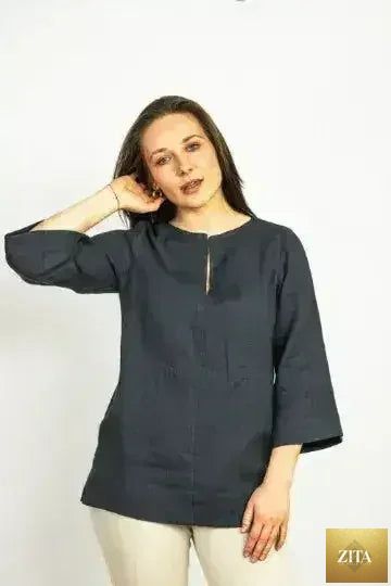 Asphalt grey linen oversized blouse by Femstylo, modern and comfortable top with relaxed fit and stylish design.
