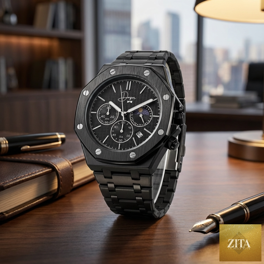Black stainless steel Dapper Watches ChronoLunar All Black watch with sleek design and chronograph features.