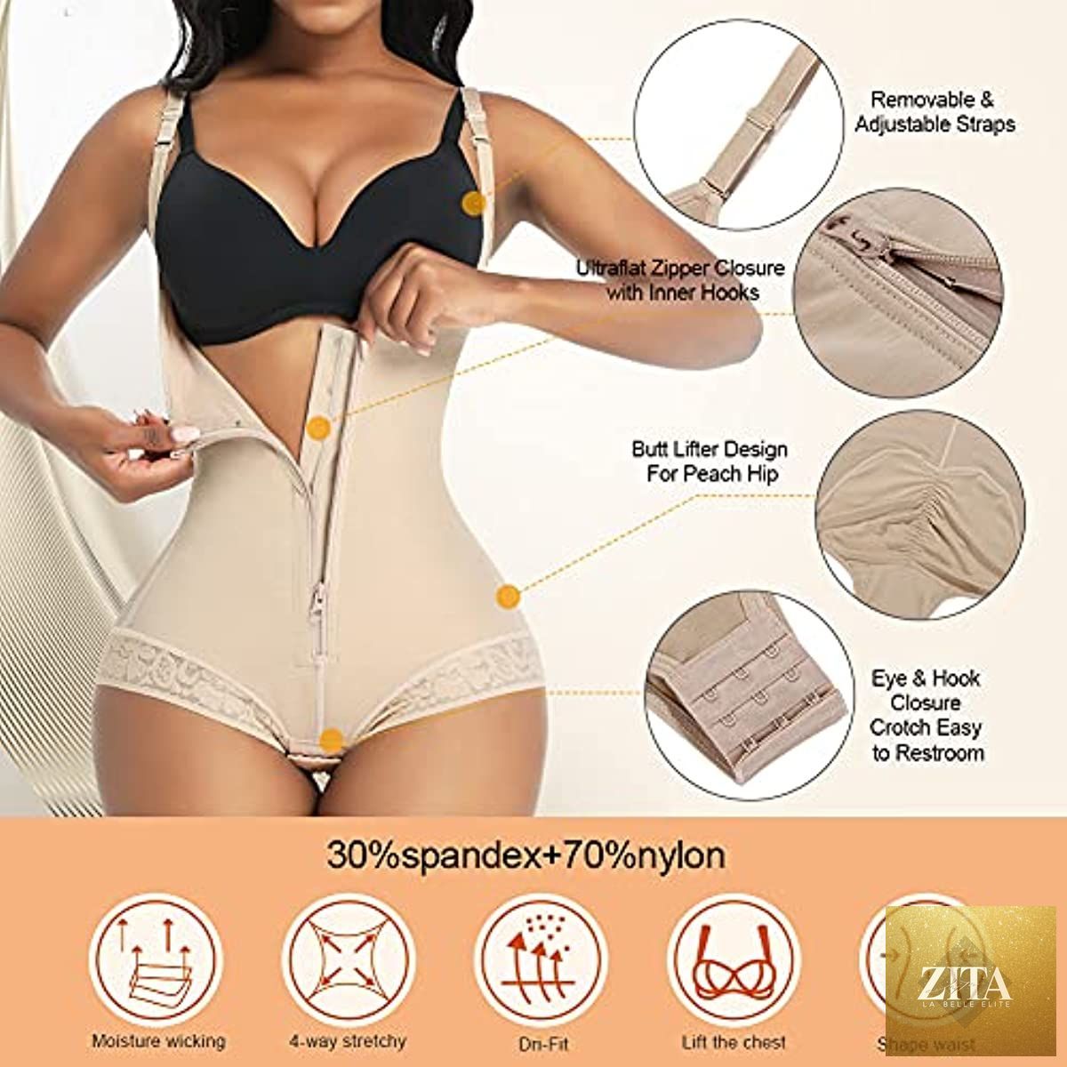 Seamless women's shapewear by Cnasti Strings and Thangs, plus size triple control faja with thigh slimming and tummy shaping features.
