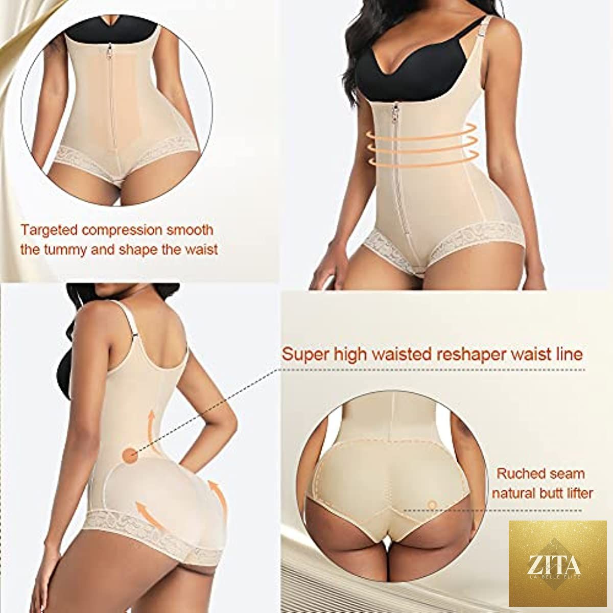Seamless plus size women's shapewear by Cnasti Strings and Thangs, firm control faja with thigh slimmer and tummy shaping.