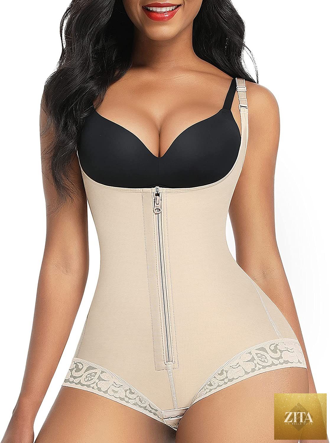 Seamless women's shapewear by Cnasti Strings and Thangs, plus size firm control faja with thigh slimmer and tummy shaping.