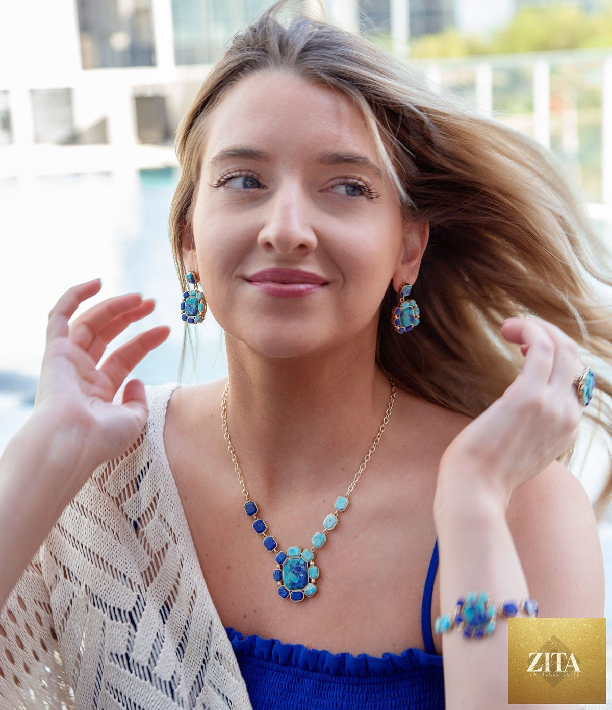 Barse Jewelry Duality blue lapis and turquoise statement ring with gold accents, showcasing intricate design and bold colors.