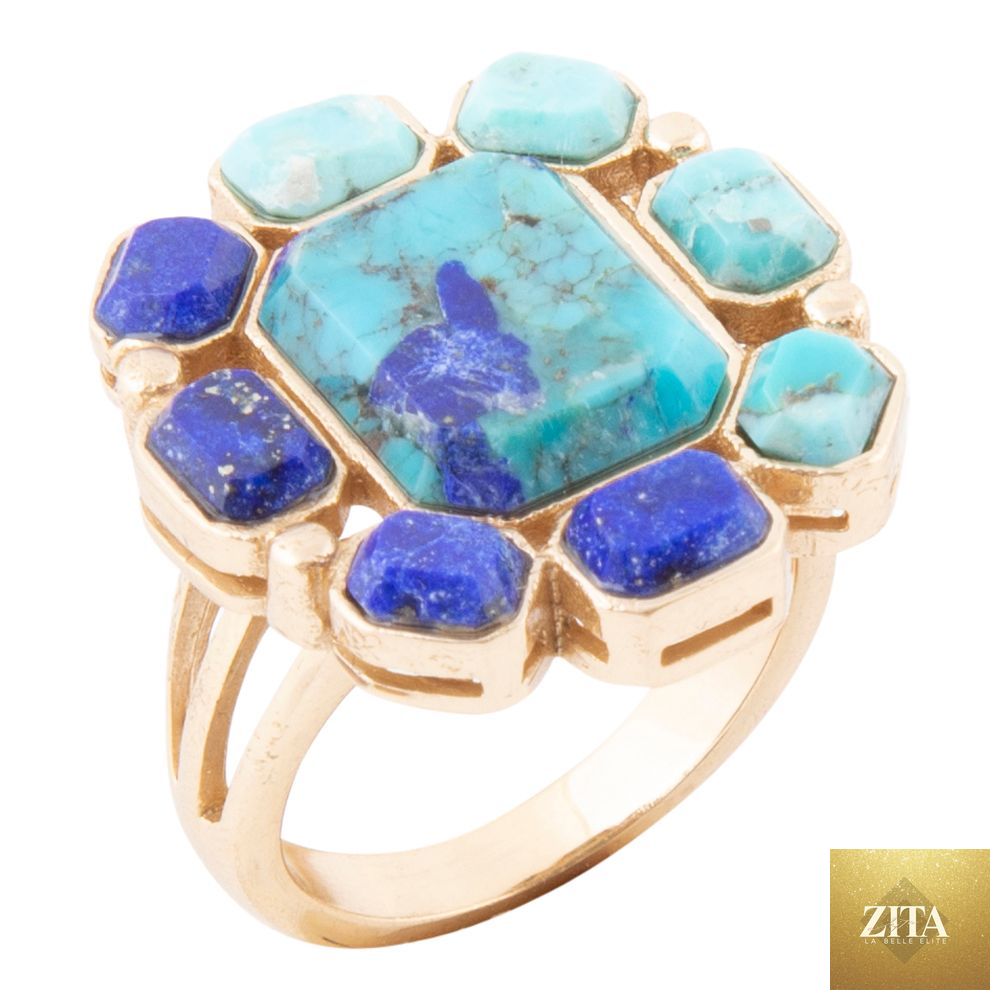Barse Jewelry statement ring featuring blue lapis, turquoise, and gold accents with bold, intricate design.