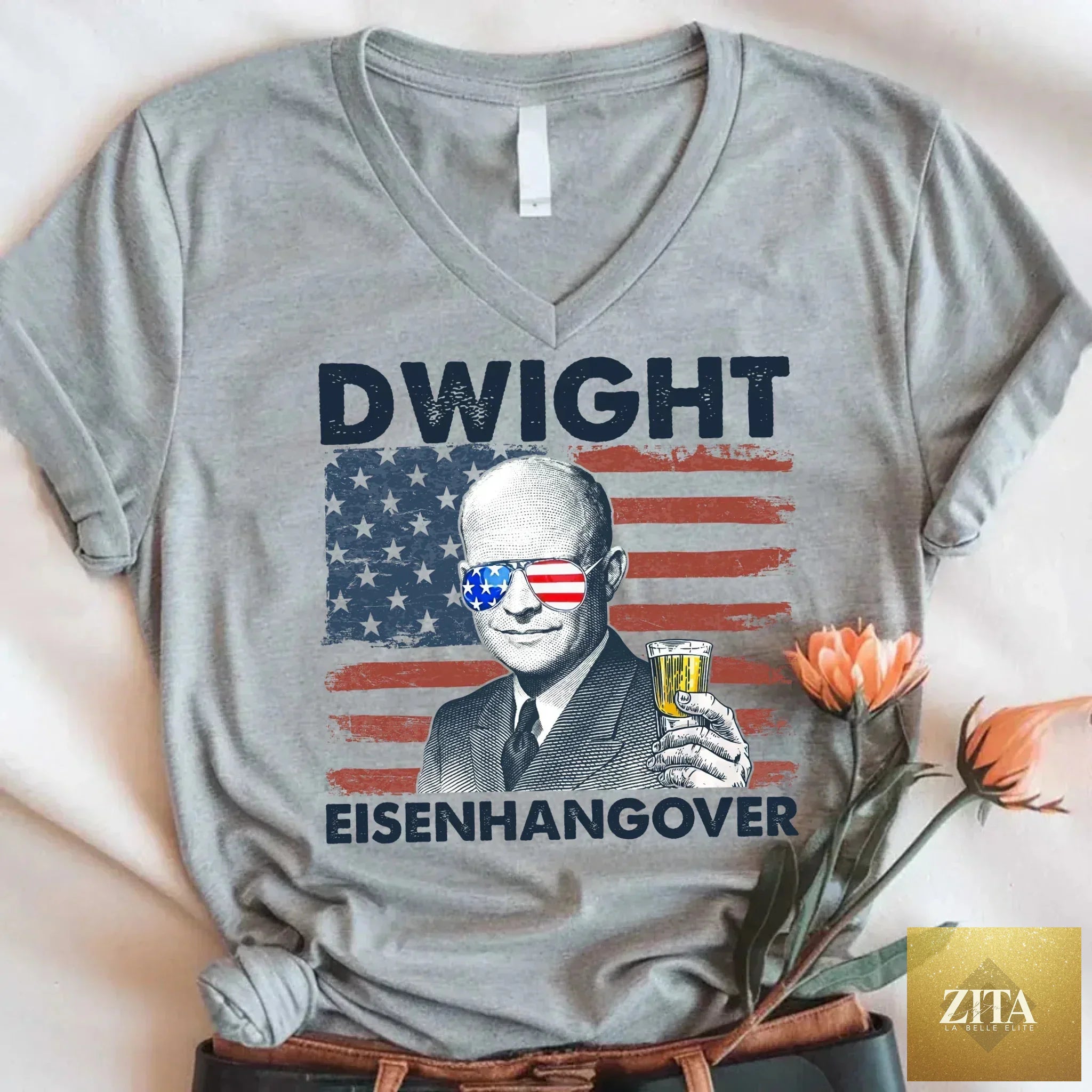 Unisex Dwight Eisenhower V-Neck T-Shirt with vintage 4th of July design, featuring humorous Eisenhangover theme from Adorb Custom Tees.
