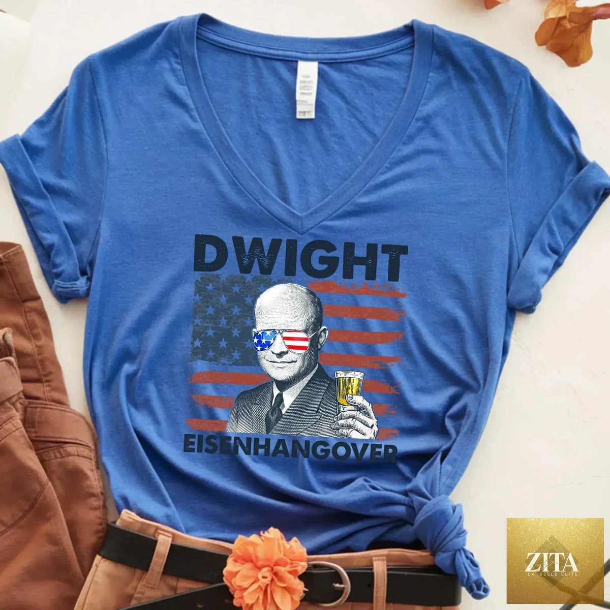 Vintage Dwight Eisenhower "Eisenhangover" 4th of July V-Neck T-Shirt by Adorb Custom Tees, featuring patriotic and humorous design.