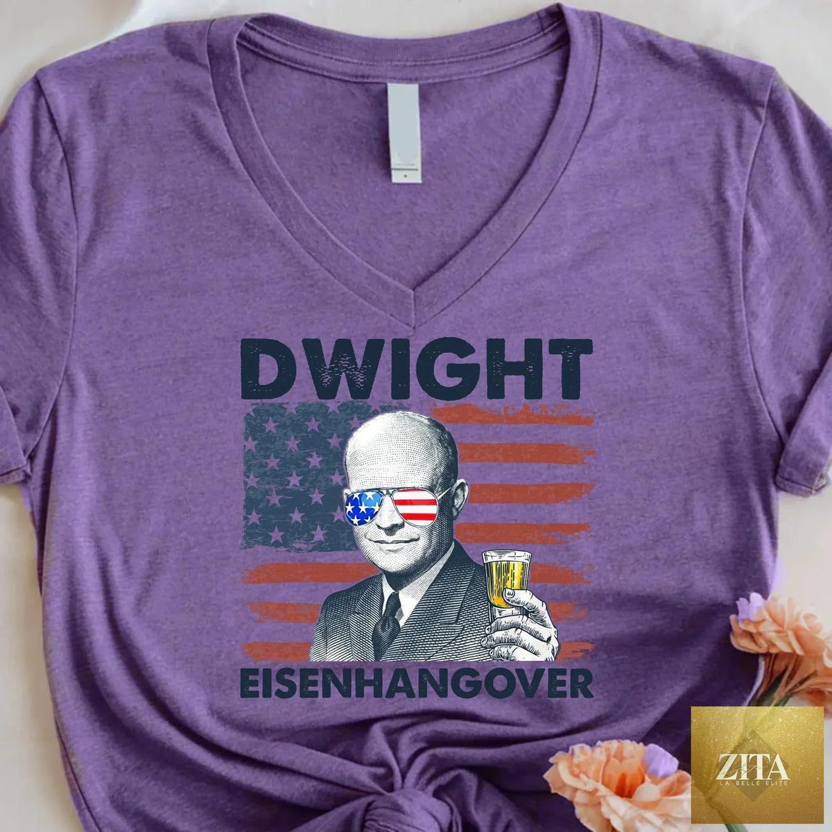 Vintage Dwight Eisenhower 4th of July V-neck T-shirt by Adorb Custom Tees, featuring a humorous design and unisex fit.