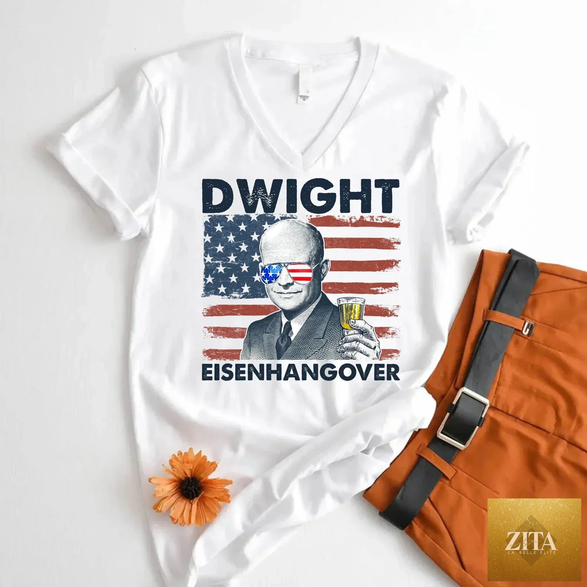 Vintage Dwight Eisenhower "Eisenhangover" 4th of July V-neck T-shirt by Adorb Custom Tees, featuring a humorous patriotic design.