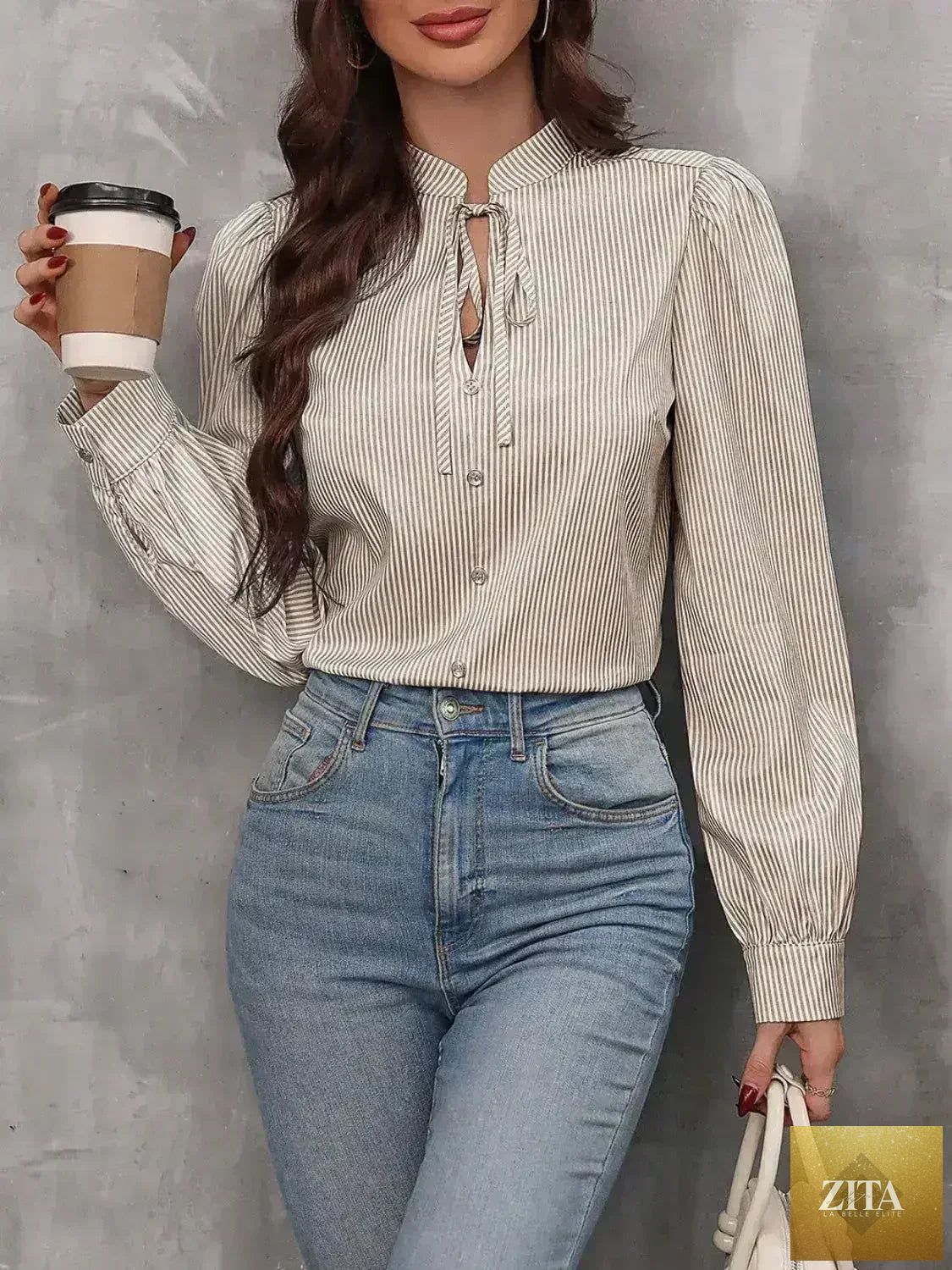 Femstylo striped tie-neck long sleeve blouse with button details, featuring a classic fit and stylish design.