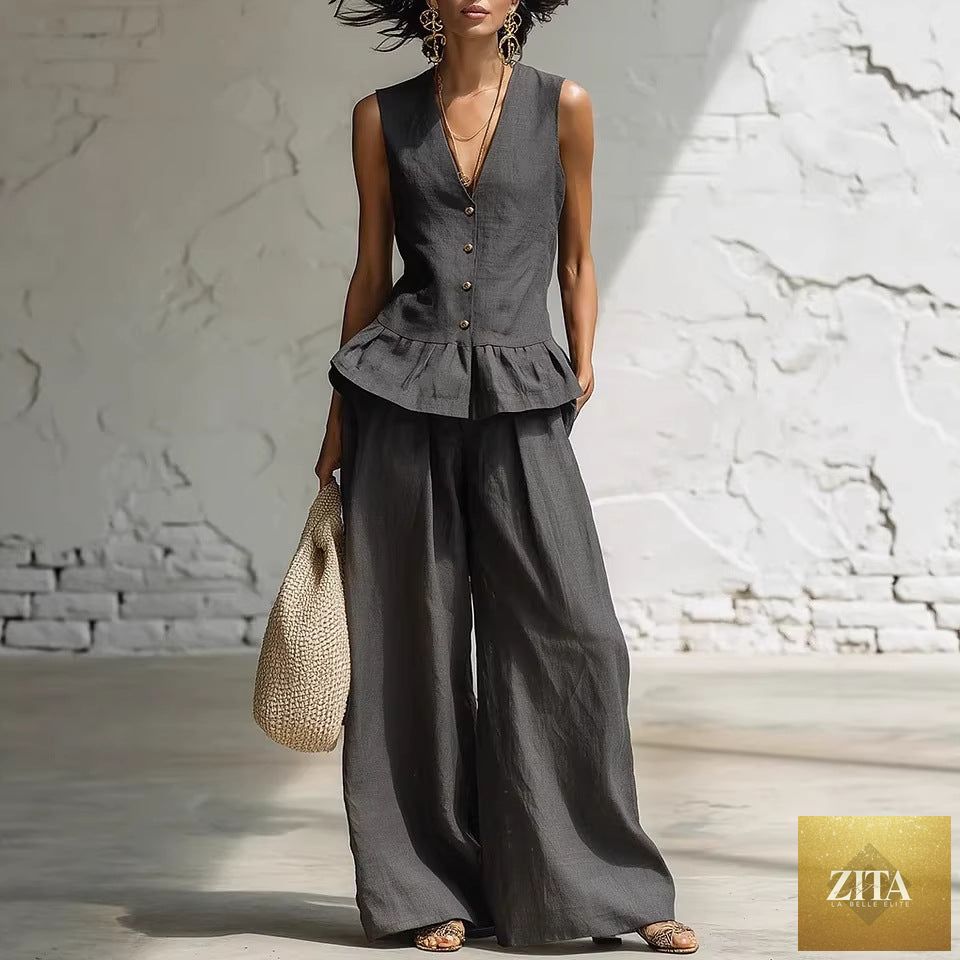 Women's bohemian ruffled sleeveless tank and pants casualwear set by Zita La Belle Elite, featuring a relaxed fit and stylish design.