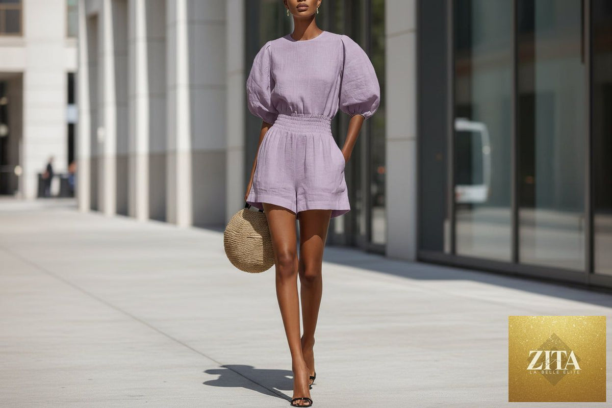 Women's puff-sleeve top and cropped shorts set by Zita La Belle Elite, casual chic casualwear outfit with stylish puff sleeves and relaxed fit.