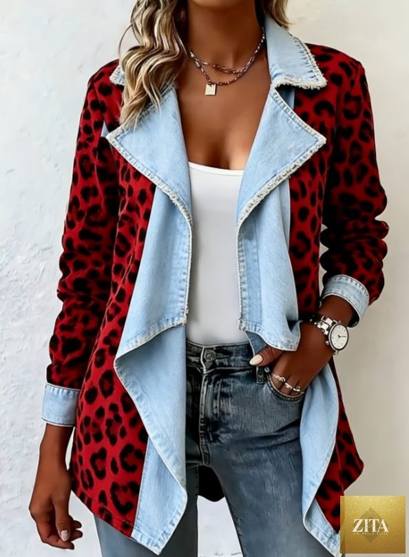Patchwork denim collar coat for women, long-sleeved, mid-length FitiqueFit coat featuring a stylish patchwork design.