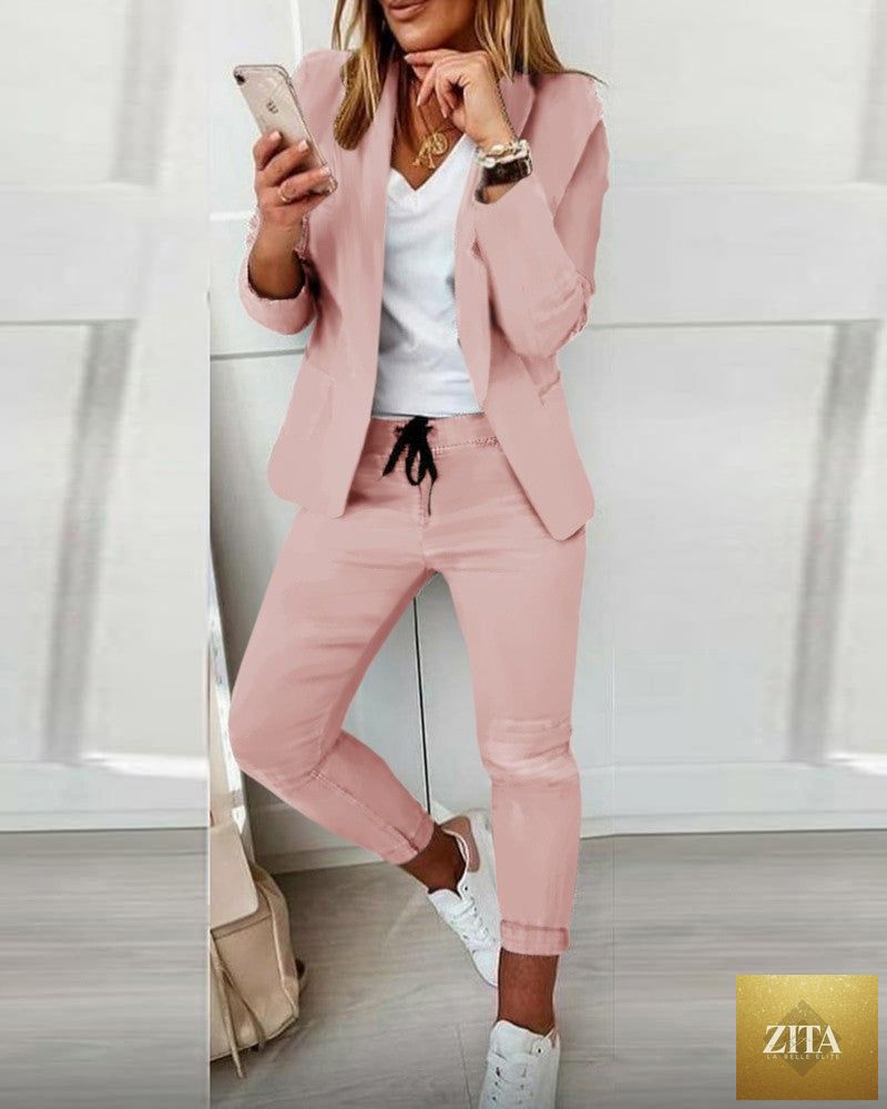 FitiqueFit lapel blazer and drawstring trousers two-piece OL suit in various colors, casual professional style, front view.