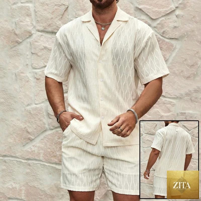 Mandotos men's summer tracksuit with relaxed fit lapel shirt and shorts, ideal as a 2-piece beach cover-up swimsuit.