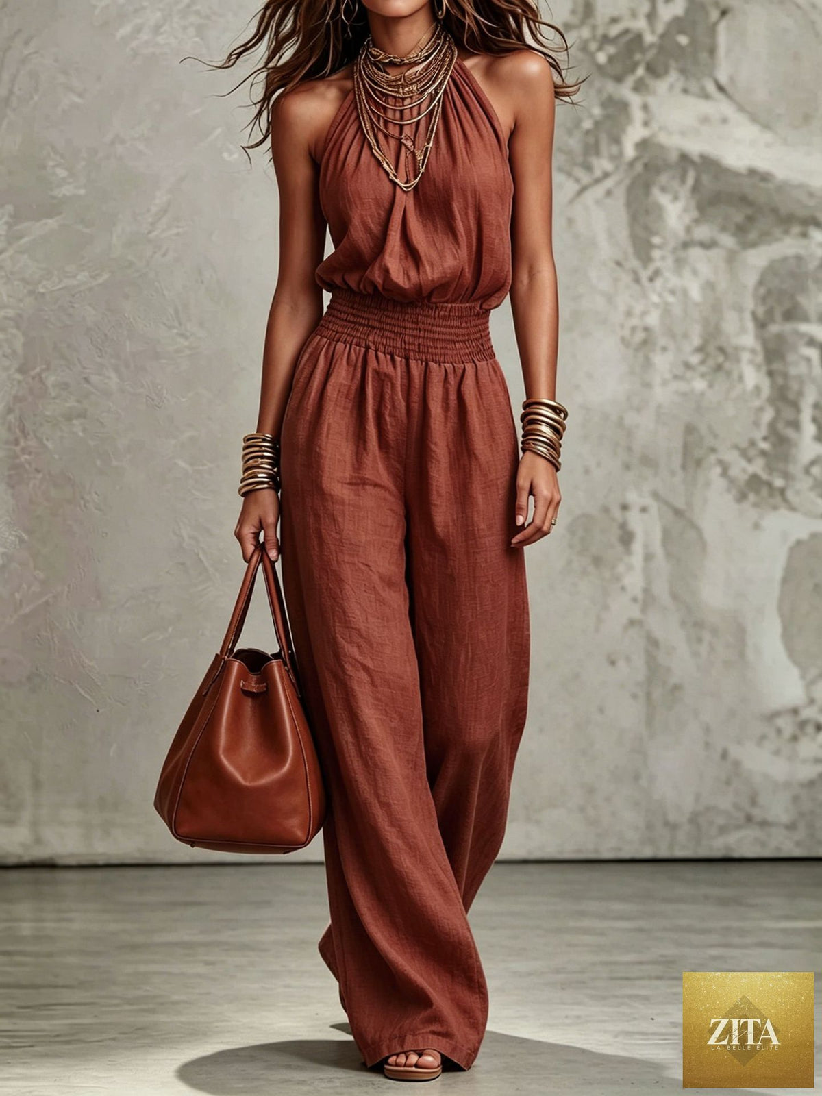 Women's sleeveless backless lace-up halter wide-leg jumpsuit by Zita La Belle Elite, featuring flowy fabric and stylish design.
