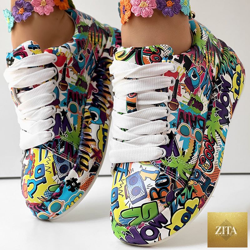 FitiqueFit women's round-toe lace-up sneakers with thick soles and casual printed design, perfect for everyday footwear.