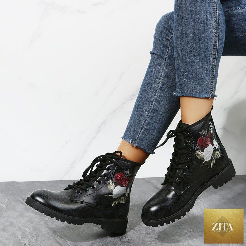 Mandotos women's workwear boots with large Halloween cartoon print, high-top style featuring colorful spooky character design.