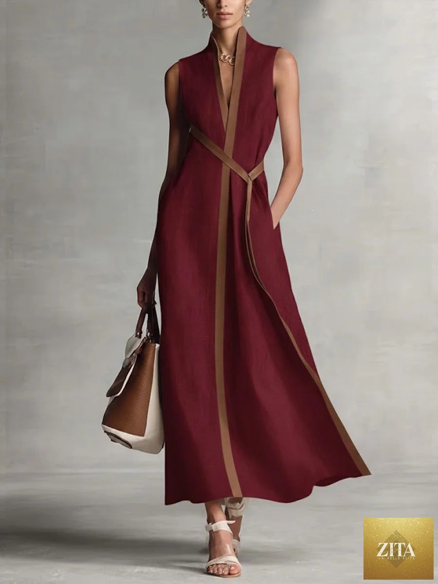 Women's sleeveless linen blend dress with color block design and stand collar, by Zita La Belle Elite, perfect for casual wear.