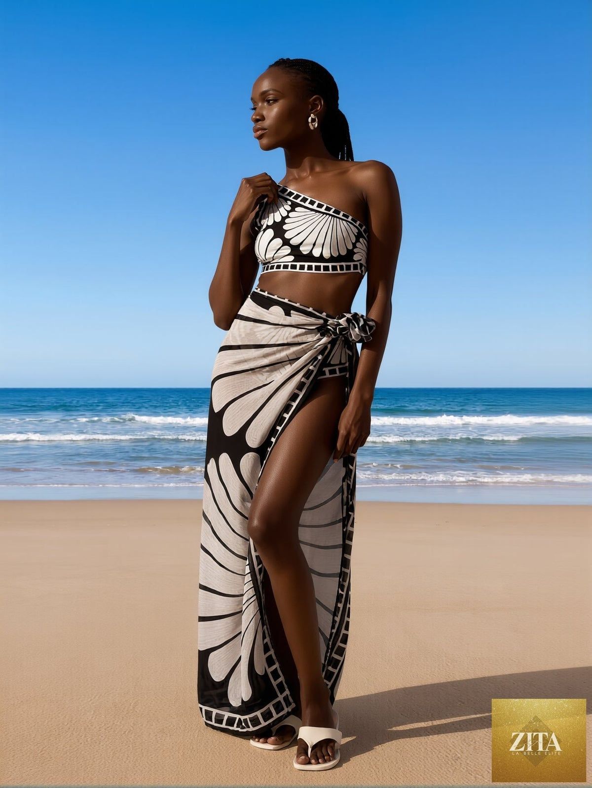 Women's high-neck swimsuit with built-in shelf bra from FitiqueFit, designed for stylish beach swimwear and comfortable fit.