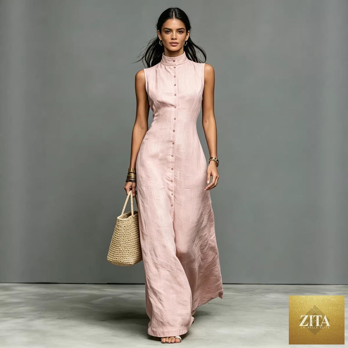 Zita La Belle Elite women's sleeveless midi dress with stand collar and single-breasted design, casualwear with a relaxed fit.