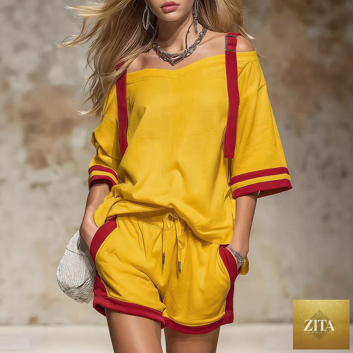 Zita La Belle Elite women's summer contrast color-block patchwork shorts set, casual two-piece outfit with vibrant design.
