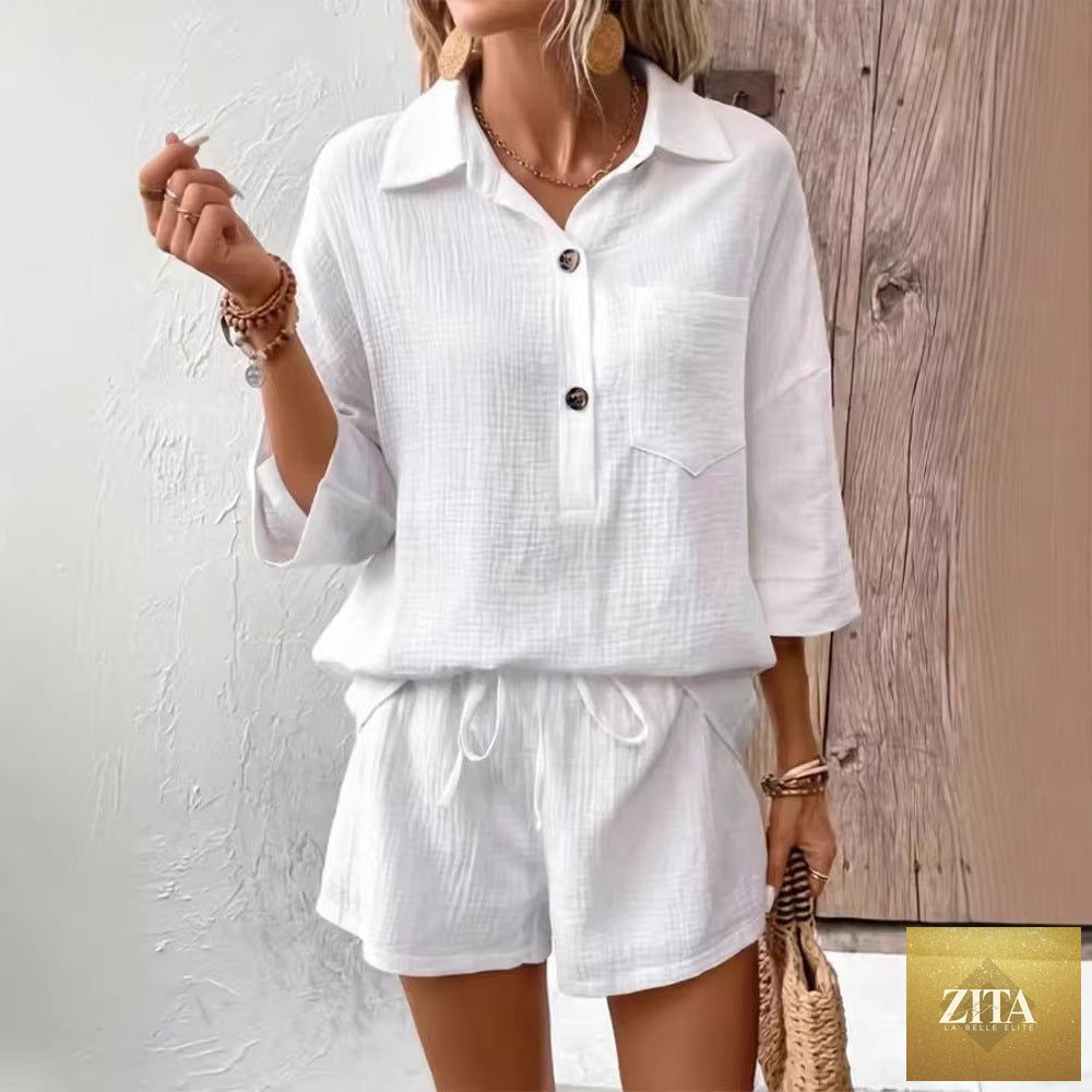 Zita La Belle Elite women's casual two-piece set with a lapel collar double-panel shirt and matching shorts, stylish and comfortable.