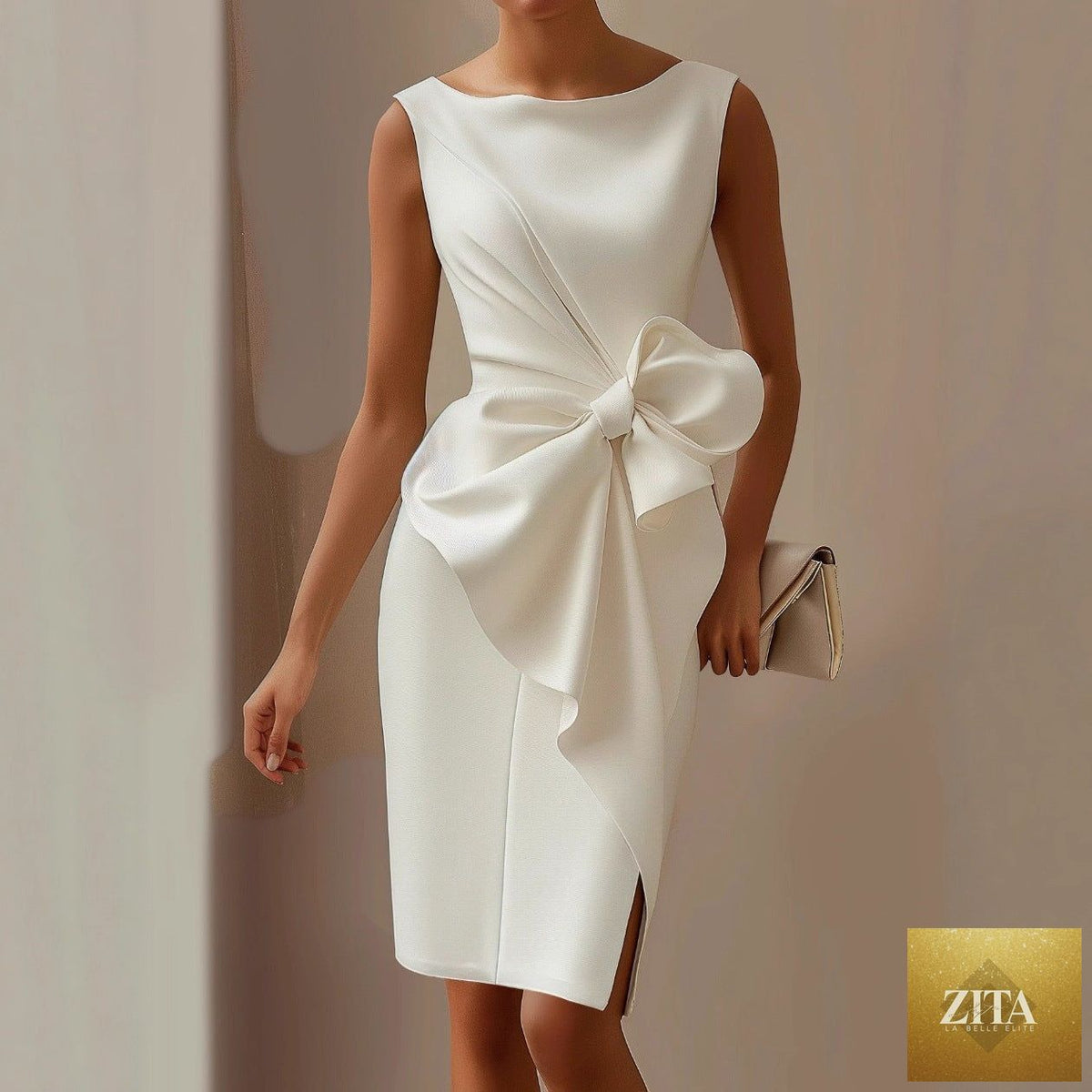 Women's sleeveless midi dress with bow-knot detail, high waist, and A-line silhouette by Zita La Belle Elite, perfect for casual wear.