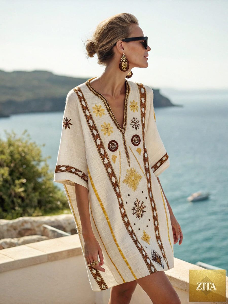 Women's printed loose A-line beach midi dress by Zita La Belle Elite, featuring a flowy silhouette and vibrant vacation-inspired print.