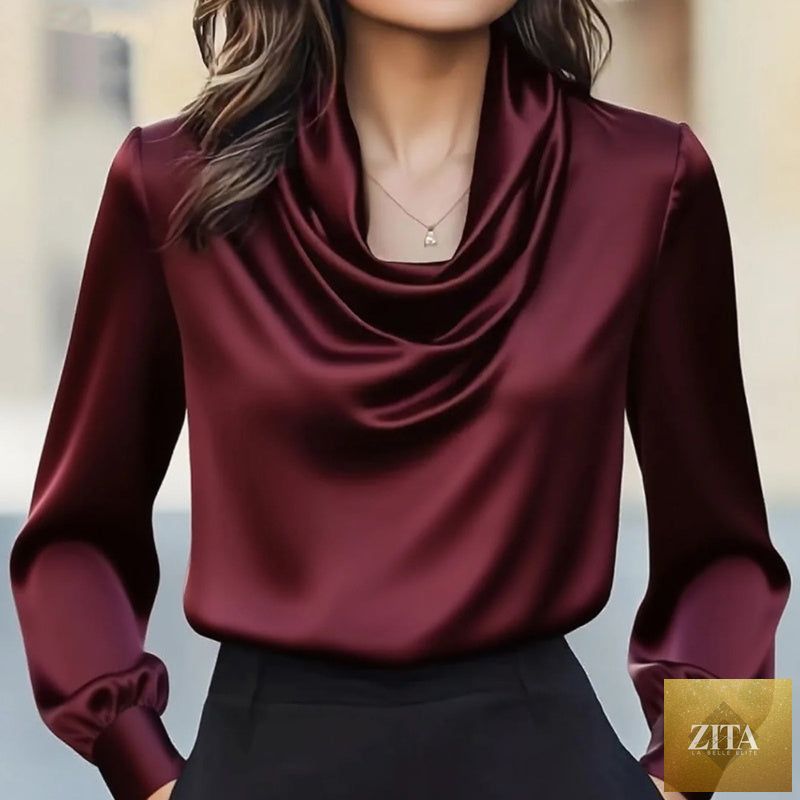 Women’s elegant draped neck blouse by FitiqueFit, casualwear style featuring soft fabric and flattering fit in a neutral color.