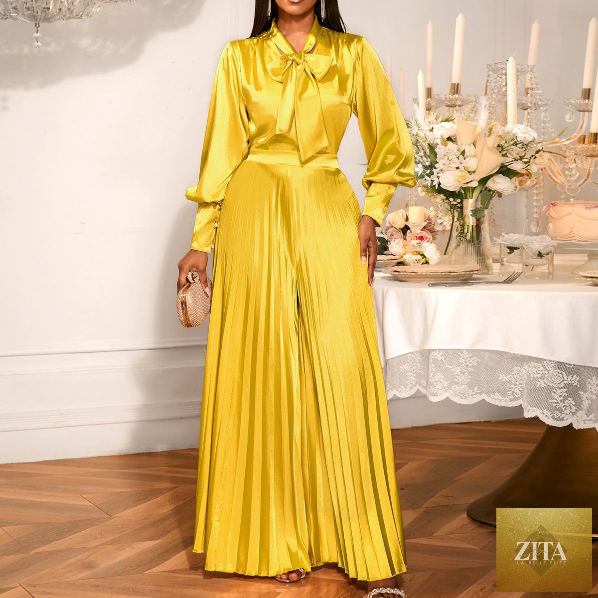 Elegant pleated wide-leg trousers suit featuring a sexy V-neck bow long sleeve top, stylish and sophisticated for formal wear