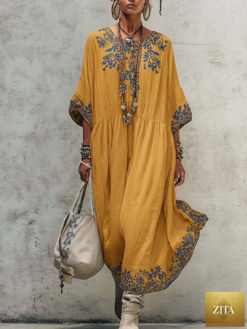 Women's printed batwing sleeve midi dress by Zita La Belle Elite featuring a loose fit linen blend fabric and stylish design.