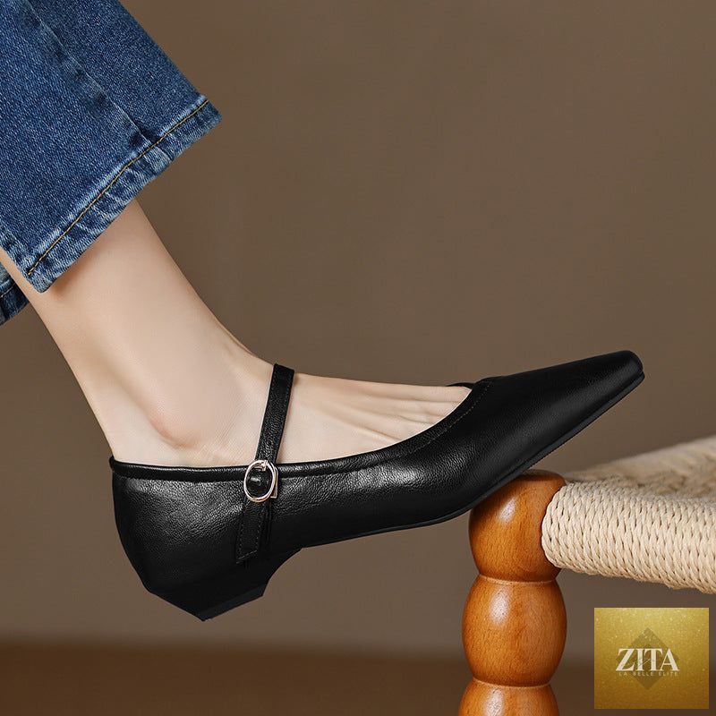 Women's FitiqueFit pointed toe flats with low square heel and floral buckle detail, showcasing elegant dress shoe design.