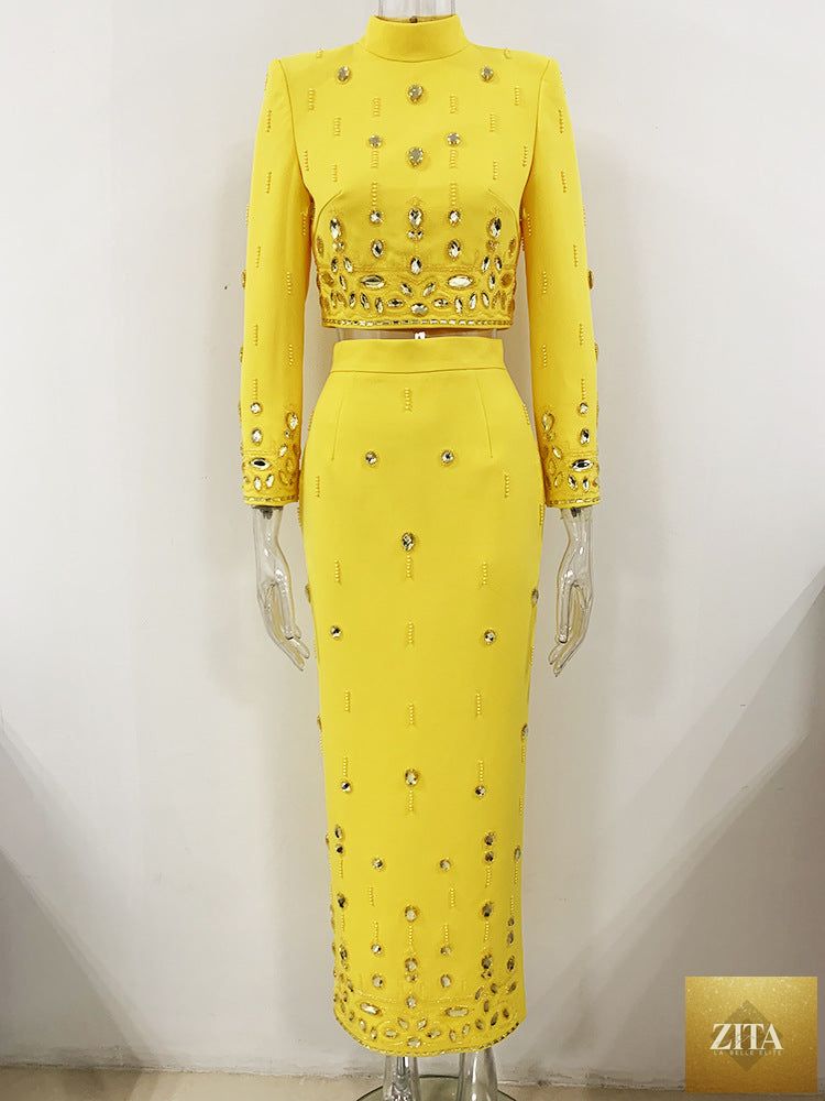 Zita La Belle Elite fashion outfit with a heavy industrial bead diamond-inlaid short top and long skirt, shown in the image.