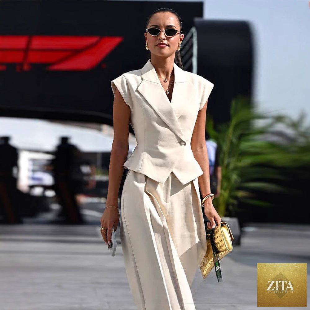 Women’s sleeveless waist-cinching two-piece suit set by Zita La Belle Elite, featuring elegant design and tailored fit.