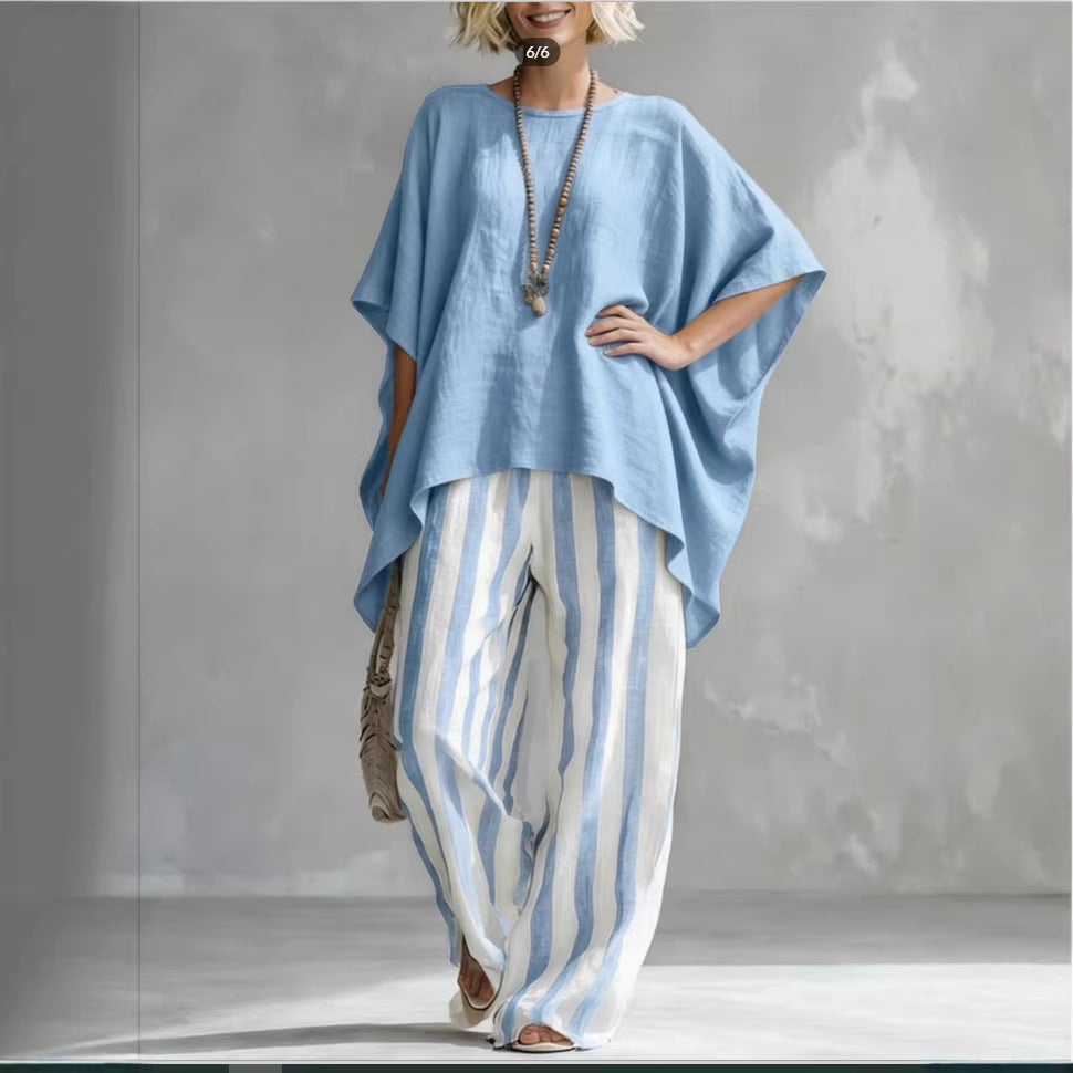 Women's striped batwing-sleeve linen two-piece set by FitiqueFit, featuring a loose fit and casual style in a relaxed, comfortable look.