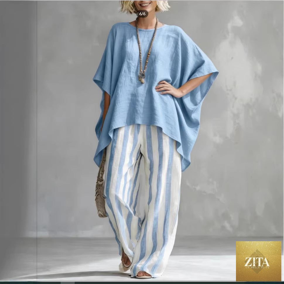 Women's striped batwing-sleeve linen two-piece set by Zita La Belle Elite, featuring a casual loose fit and comfortable fabric.