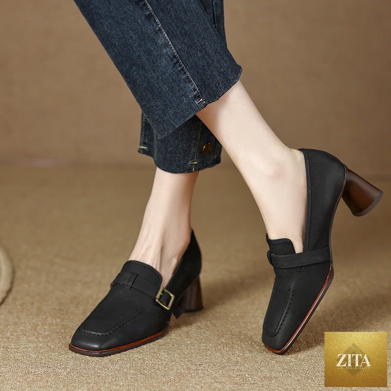Women's retro British style chunky heel leather shoes with round toe, designed for comfort and vintage-inspired fashion by FitiqueFit.